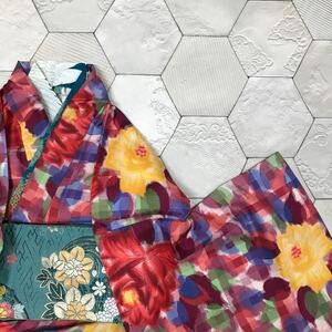  antique .. flower kimono Showa Retro Taisho romance modern peace ...ko-te remake silk silk 100%.01-2w