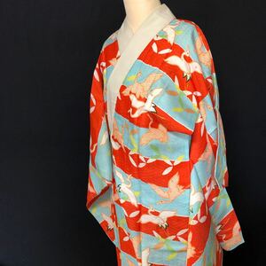  long kimono-like garment antique kimono Showa Retro Taisho romance modern peace ...ko-te remake bird silk silk 100%.16-7w