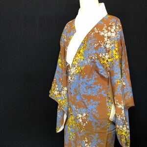  long kimono-like garment antique kimono Showa Retro Taisho romance modern peace ...ko-te remake neckpiece attaching light brown group silk silk 100%.16-9w