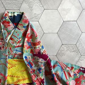  antique kimono Showa Retro light blue four season . flower Taisho romance modern peace ...ko-te remake silk silk 100%.30-08y