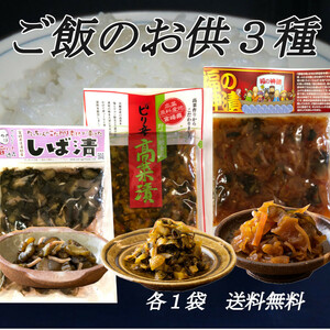 【宮崎の漬物お試し3袋】　柴漬け　ピリ辛高菜漬　福の神漬　ご飯のお供　お酒の肴　高菜　きゅうり　