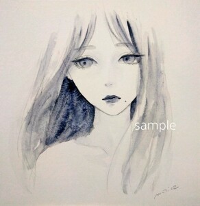 肉筆原画　絵画　手描きイラスト　水彩画　美人画　絵画　オリジナル　モノクロ　ポートレート　@mucica　