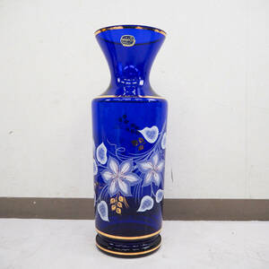 BOHEMIA ボヘミアガラス 高さ:約41.5cm チェコ製 クリスタル フラワーベース 花瓶 伝統工芸 青系 金彩 K5306
