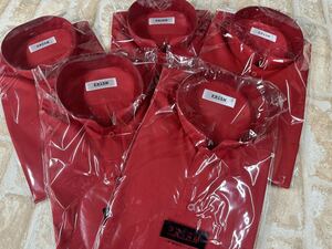▲196/未使用 Lサイズ 5枚セット スタンドカラー 半袖 シャツ 形態安定 赤 まとめ売り メンズ 紳士