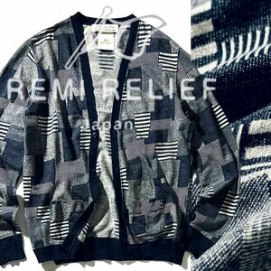 [REMI RELIEF]Patchwork Jacquard Knit Cardiganremi relief patchwork ja card indigo cotton knitted cardigan made in Japan 