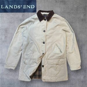 ◆USA直輸入! LANDS ENDランズエンド カバーオールハンティングジャケット キャンバス生地 タータンチェックネルライナー 襟元コーデュロイ