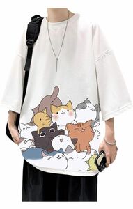 夏服 Tシャツ メンズ 半袖 トップス 無地 ゆったり 猫ロゴ おもしろシャツ 可愛い 大きい 