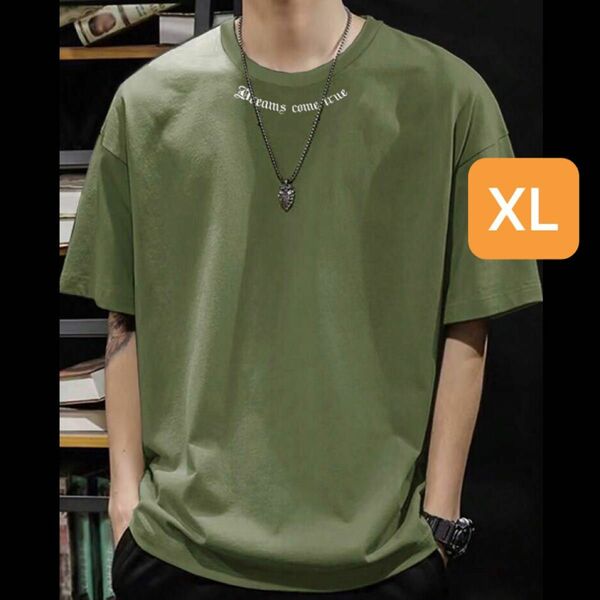 XL【シンプル刺繍ロゴtシャツ】アーミーグリーン☆ゆったり2Lサイズ