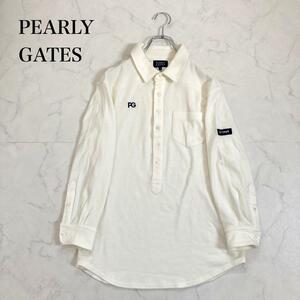 1円～ PEARLY GATES パーリーゲイツ 長袖ポロシャツ ゴルフウェア ロゴ刺 ワッペン サイズ5 ホワイト系 メンズ レディース ユニセックス