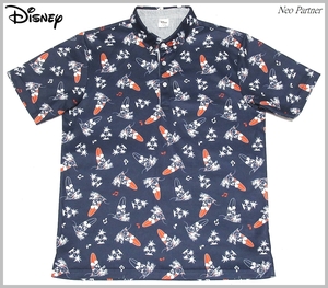 即決 極美品 Disney ディズニー アルペン ゴルフ ミッキー 総柄プリント アイクール ボタンダウン 半袖ポロシャツ ネイビー L メンズ