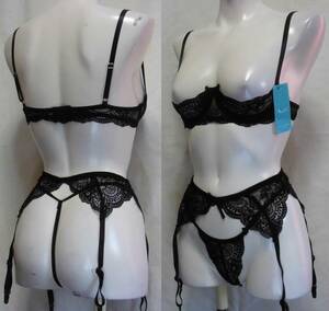 [ new goods unused ] bra [1/4 cup * open bust ]& garter belt & shorts & prompt decision : black color stockings attaching ( size :Free| black [Black] color )