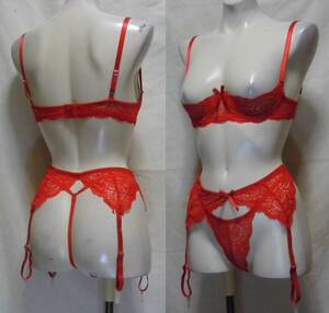[ new goods unused ] bra [1/4 cup * open bust ]& garter belt & shorts & prompt decision : red stockings [ lustre *70 Denier ] ( size :Free)