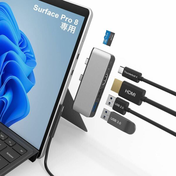 Surface Pro 8 USB ハブ USB-C Thunerbolt 4 (ディスプレイ+データ+PD充電) + 4K HDMIポート + USB3.0 + USB2.0 + TF (Micro SD) (H90)