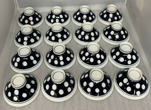 A1156→水玉　食器 16客セット 　飯碗　紺　白 昭和レトロ 陶磁器 中古　和食器