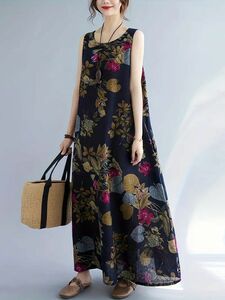 *☆新品 ロングワンピース コットン ノースリーブタンクワンピース 濃紺 お花柄 XL 花柄ワンピース 大人可愛い 体型カバー