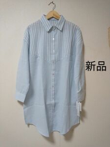 *☆新品タグ付き 伸縮性なし 透け感ややあり 春シャツブラウス ゆったり ポケットあり M−Lサックス ストライプボーダー