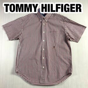 TOMMY HILFIGER トミー ヒルフィガー 半袖シャツ L チェック柄 レッド×ホワイト×グリーン×イエロー 刺繍ロゴ フラッグタグ オールドタグ