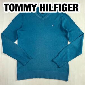 TOMMY HILFIGER トミー ヒルフィガー 長袖ニット L ターコイズブルー フラッグロゴ 刺繍ロゴ Vネック セーター