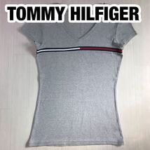 TOMMY HILFIGER トミー ヒルフィガー 半袖Tシャツ S ライトグレー 霜降り フラッグロゴ Vネック_画像1