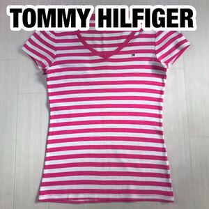 TOMMY HILFIGER トミー ヒルフィガー 半袖Tシャツ M ボーダー柄 ピンク×ホワイト フラッグロゴ 刺繍ロゴ Vネック