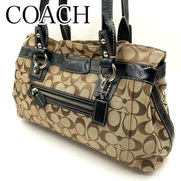 極美品　COACH コーチ　ハンドバッグ　ベージュ　キャンバス　シグネチャー　14696