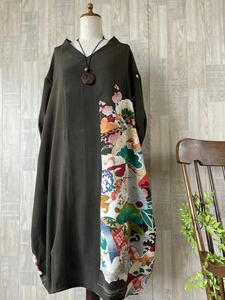 * old cloth kimono remake silk antique kurotomesode ko Kuhn One-piece hand made *