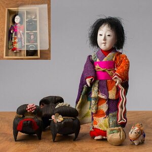 【千e560】豆市松人形 カツラ付き 元箱　　着替人形 市松人形 豆人形 縮緬 戦前