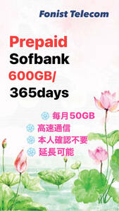 毎月50GB / 365days （初月無料 + 12月　合計 650GB) - 日本国内用 データ通信SIMカード プリペイド SIM - Data Sim - Softbank