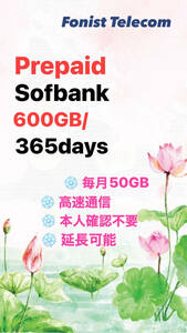 毎月50GB / 365days （初月無料 + 12月 合計 650GB) - 日本国内用 データ通信SIMカード プリペイド SIM - Data Sim - Softbank