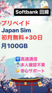 月に100GB （初月無料 + 翌月分　合計 200GB) - 日本国内用 データ通信SIMカード プリペイド SIM - Data Sim - Softbank 回線 Prepaid Sim