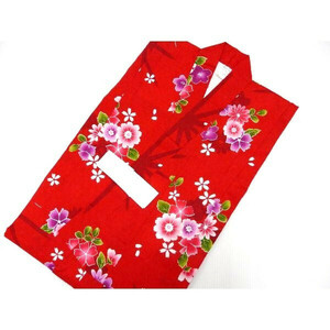 151 new goods woman . child yukata red ground . floral print 120cm