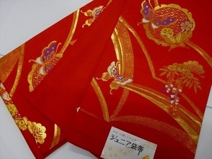  Junior двойной пояс obi шелк . тканый сделано в Японии красный снег колесо бабочка упрощенный "Семь, пять, три" 028