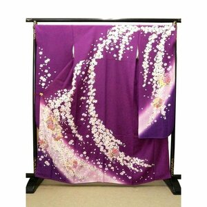 中古 振袖 正絹 試着品 紫パープル 金糸刺繍あり 桜 牡丹 百合 着丈160cm 裄69cm 仕立上り 069 送料無料