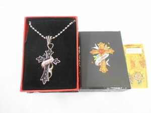 82 送60サ 0606$D01 Ed Hardy エドハーディー メンズ ロゴクロスネックレス メタル素材 シルバーカラー 64cm 中古品