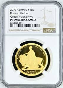 2019年 オルダニー ウナとライオン 2ポンド 2ソブリン プルーフ 金貨 NGC PF69 ULTRA CAMEO イギリス