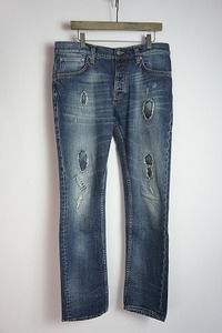 美品 21SS Nudie Jeans ヌーディージーンズ Grim Tim Dusky Bay グリムティム ストレッチ デニム ダメージ加工 パンツ 薄青W32本物501O