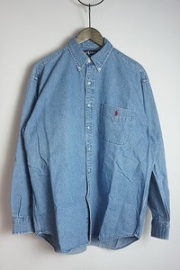 美品 90S 00S Ralph Lauren ラルフローレン BIG SHIRT デニム BD ボタンダウン 長袖 シャツ 薄青 M 本物 508O