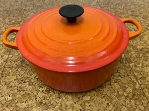 LE CREUSET ル・クルーゼ 両手鍋 20cm ココットロンド オレンジ 鋳物ホーロー 調理器具 フランス製〇