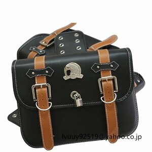 バイク用シートバッグ サイドバッグ ハーレー PU 南京錠付き 左右2個セット サイズ33*13*22cm 防水 鍵 ケース 小物入れ ツーリング 黒&茶色