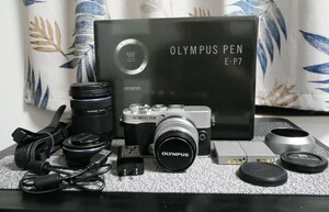 1 иен ~[ рабочий товар ]OM System OLYMPUS PEN E-P7 EZ двойной zoom комплект + Olympus M.Zuiko 25mm F1.8 одиночный подпалина пункт линзы прекрасный товар 