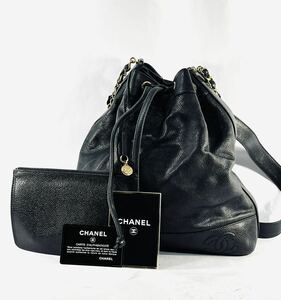 ◇1円 ★ CHANEL シャネル キャビアスキン トリプルココ巾着ショルダーバッグ 黒 ブラック ポーチ付 カードシール一致 冊子 