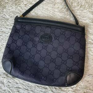 GUCCI グッチ オールドグッチ ショルダーバッグ ポシェット GGスプリーム インターロッキング ゴールド金具 レザー キャンバス ブラック