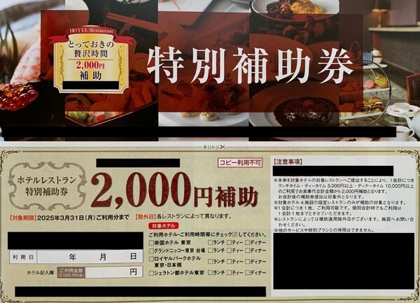 帝国ホテル、グランドニッコー、ロイヤルパーク、シェラトン特別補助券6000円分