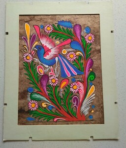 アマテ絵　メキシコ　ハンドペイント　花鳥画　額装用枠付　伝統工芸　メキシコ絵画