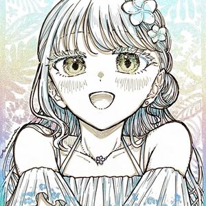 手描きイラスト オリジナル 創作 原画 ドローイング 黄色 白 花 プルメリア 女の子