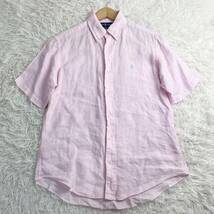 【E46】RALPH LOUREN シャツ 半袖 リネン100% 麻 刺繍 ロゴ ピンク Mサイズ CLASSIC FIT 春夏_画像1