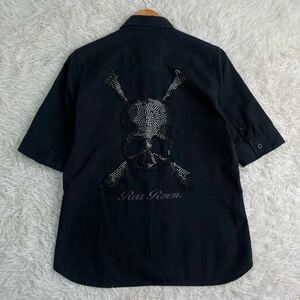 E6 Rat Roen ラットロエン ワークシャツ 半袖 ライトストーン スカルロゴ 黒 ブラック Mサイズ コットン ドクロ メンズ