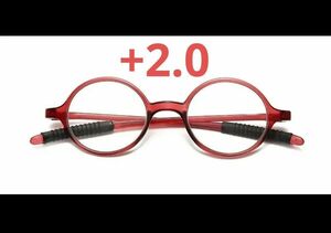 度数+2.0　61026レッド　老眼鏡　シニアグラス　丸メガネ　昭和レトロ
