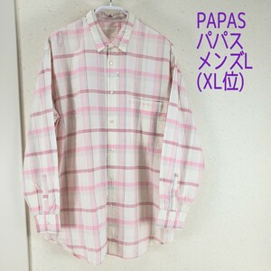 美品◆PAPAS パパス 長袖シャツ メンズL (XL位) ピンク/オフホワイト系 チェック柄