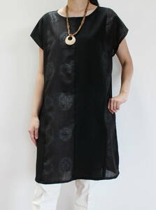  kimono remake * summer Ooshima. tunic One-piece black .* French sleeve M~L size hand made silk 